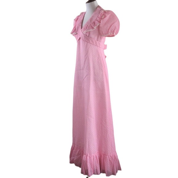 Vintage 70s Maxi Dress Pink Swiss Dot Ruffle Pom Trim Puff Sleeve ILGWU Size 7/8 - Picture 8 of 13